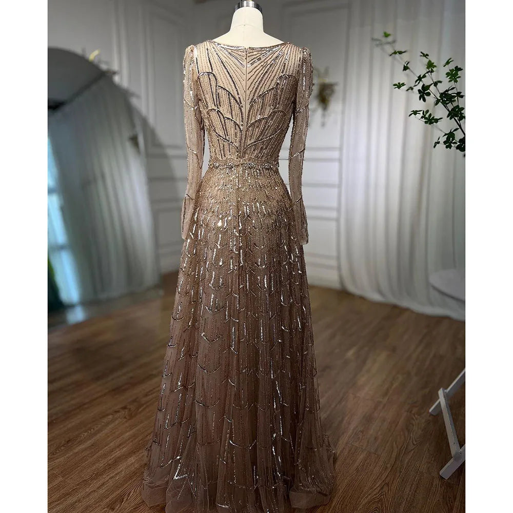 Serene Hill Muslim Designer Caramel A Line Elegant Beaded Evening Dresses Gowns For Party 2025 LA71940 Customized