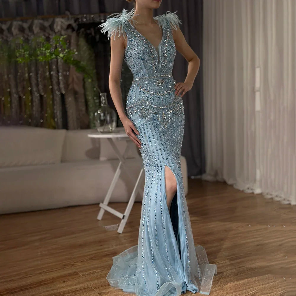 Serene Hill 2025 Arabic Blue Split Mermaid Beaded Feathers Long Evening Dresses Gowns For Occasion LA72742 Customized