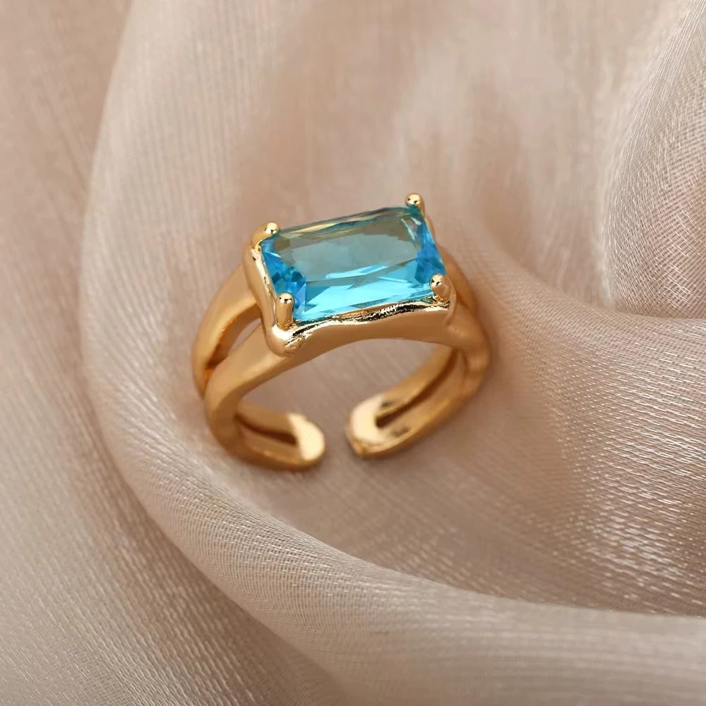 Luxury Blue Colorful Zircon Rings For Women Stainless Steel Gold Plated Flower Butterfly Ring Exquisite Party Shiny Jewelry 2025