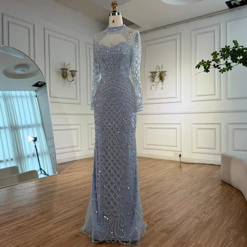 Luxury Caramel Beaded Evening Dress with High Neck Long Sleeves Mermaid Gown Serene Hill 2025 Customized LA71747A