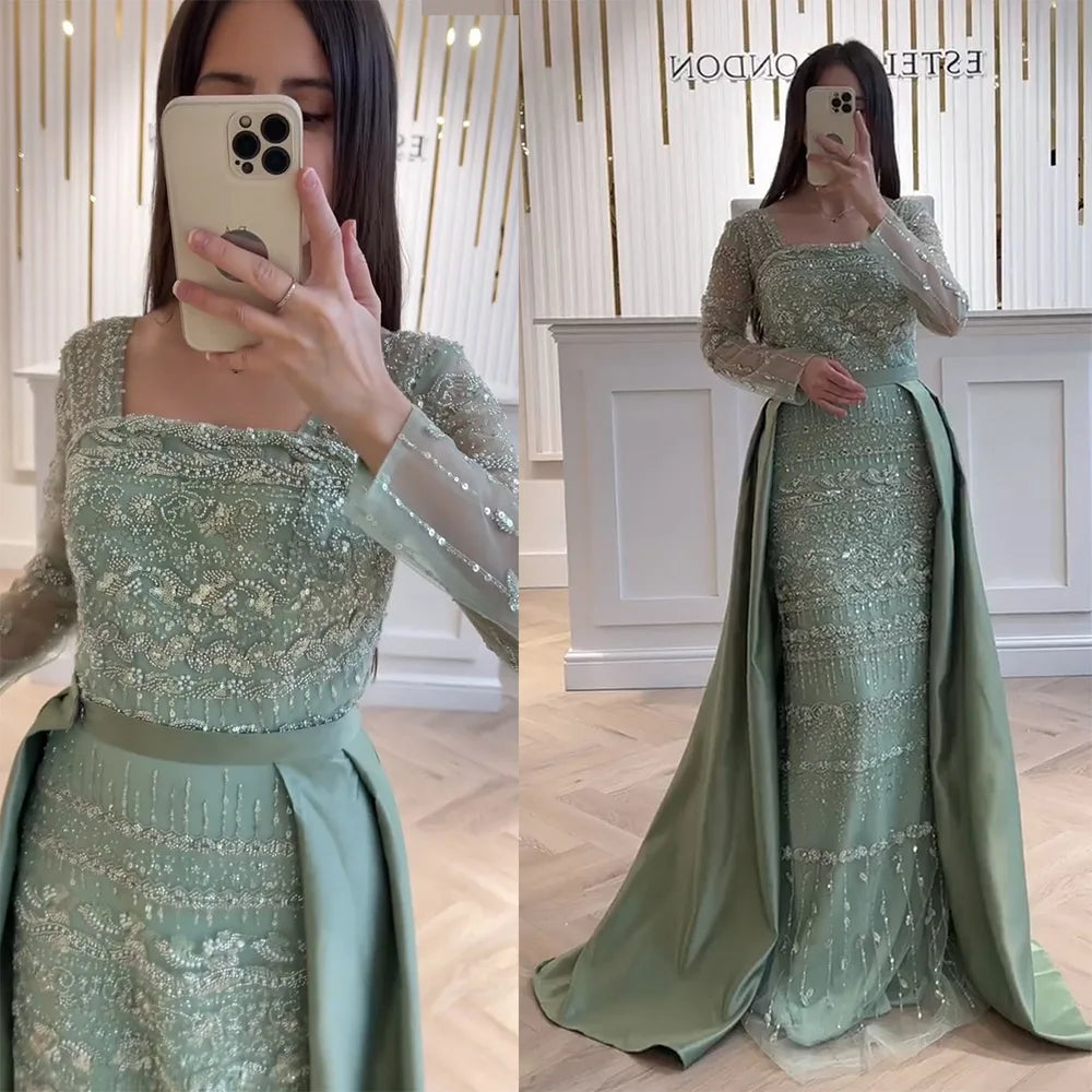 Elegant Pearls Evening Dress for Women with Detachable Skirt 2025 Luxury Long Sleeves Formal Prom Wedding Party Gown Customized