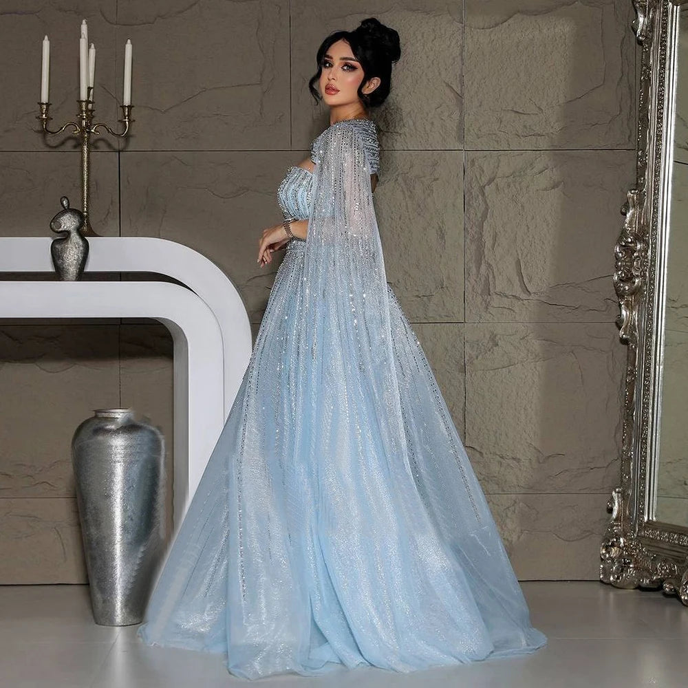 Serene Hill 2025 Arabic Blue Cape A-Line Beaded Evening Dresses Long Celebrity Gowns LA72427 Customized