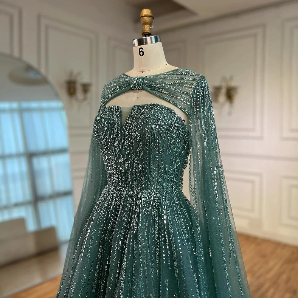 Serene Hill 2025 Arabic Blue Cape A-Line Beaded Evening Dresses Long Celebrity Gowns LA72427 Customized