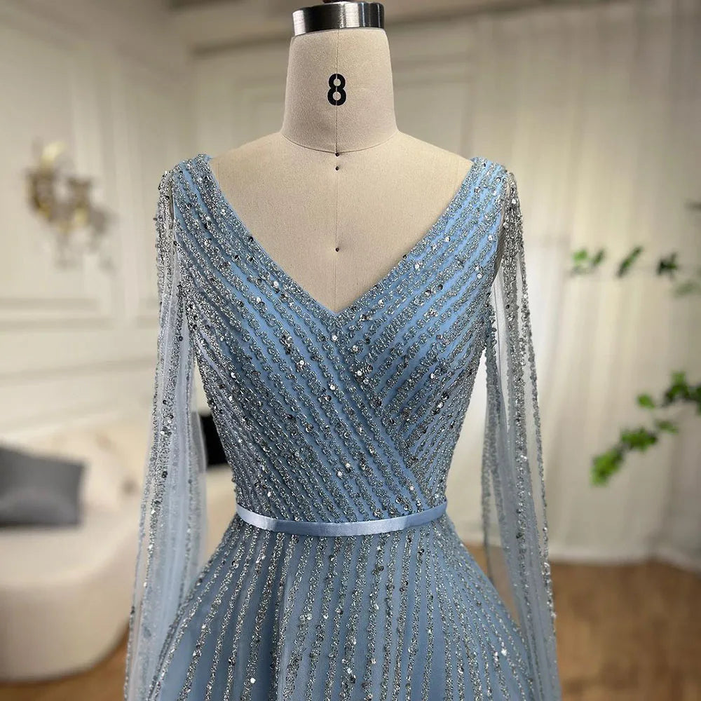 Serene Hill Mint Cape Sleeves A Line Beaded Dubai Evening Dresses Long 2025 Celebrity Gowns For Party LA71865 Customized