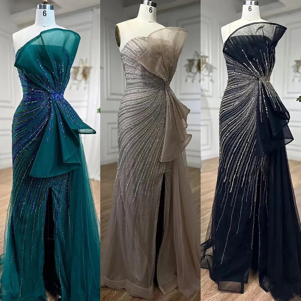 Serene Hill Dubai Green Beaded Mermaid High Split Evening Dresses 2025 Prom For Party LA72090 Customized