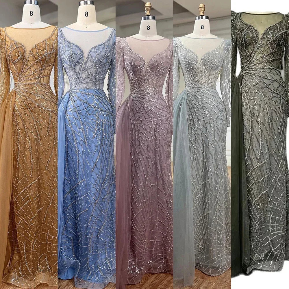 Serene Hill Muslim Gold Mermaid Beaded Dubai Evening Dresses Gowns With Overskirt 2025 For Party LA72206 Customized