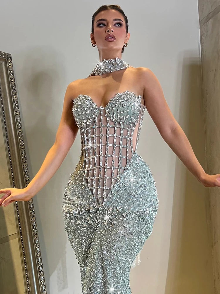 VC Glamorous Silver Sequin Sleeveless Strapless Mermaid Dress for Galas Party Wedding Evening Gown