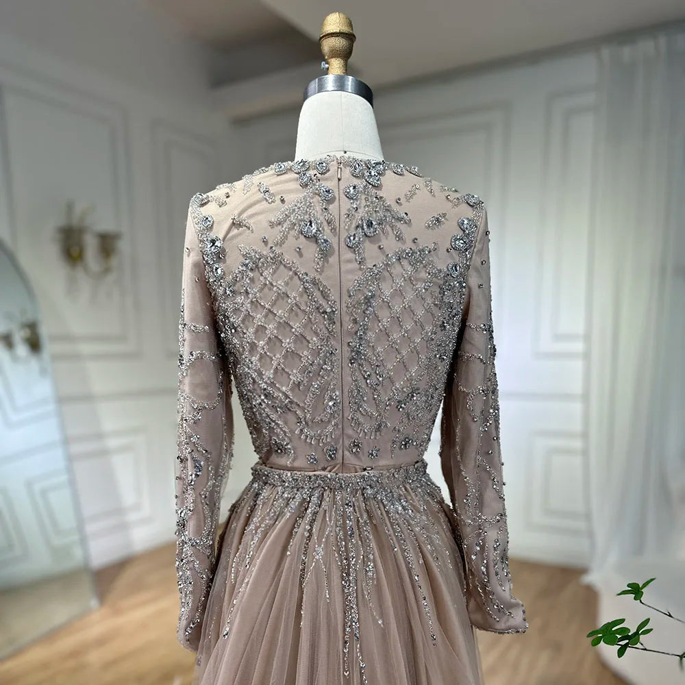 Serene Hill Muslim Silver Nude Mermaid Gown with Detachable Overskirt Beaded Evening Dress for Women Wedding Party 2025 LA71919