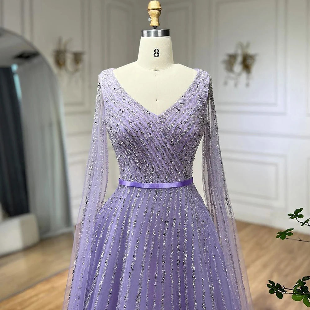 Serene Hill Mint Cape Sleeves A Line Beaded Dubai Evening Dresses Long 2025 Celebrity Gowns For Party LA71865 Customized