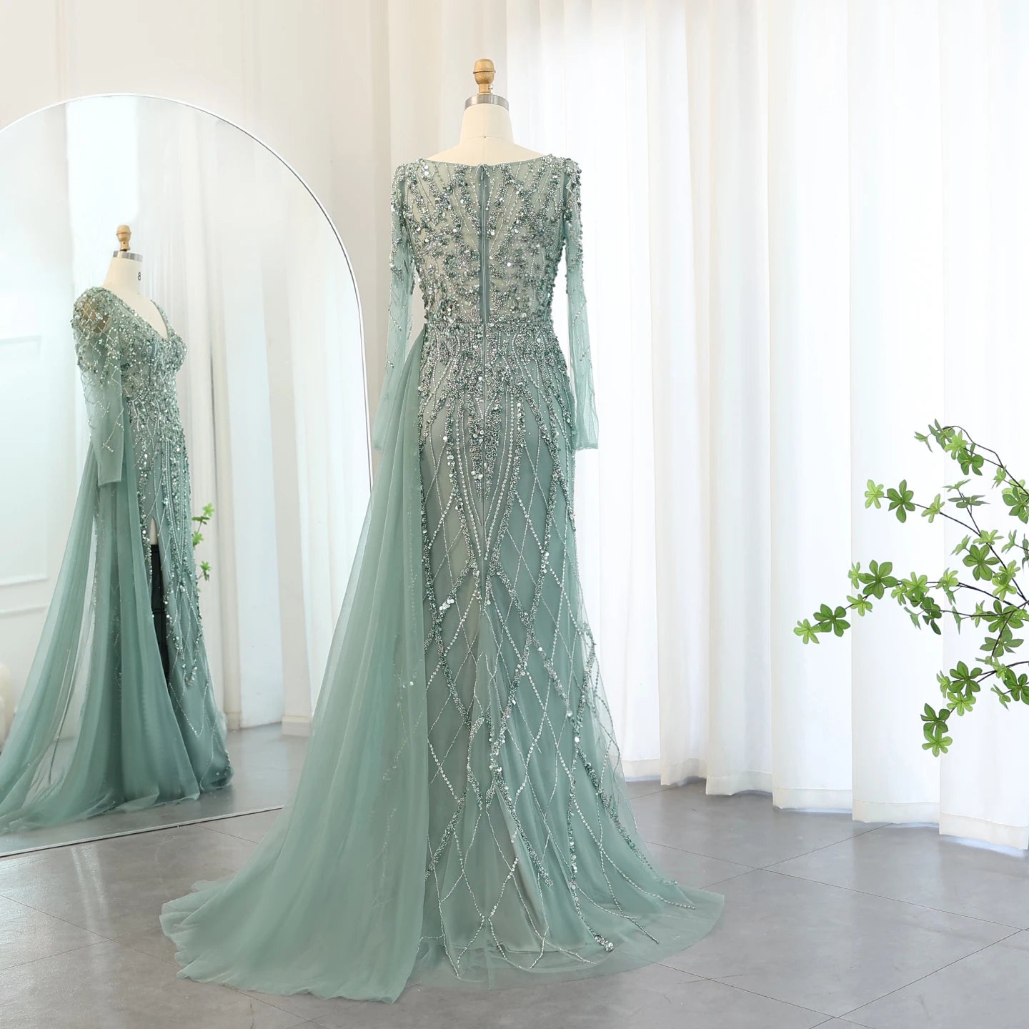 Sharon Said Turquoise Green Meramid Long Sleeves Evening Dress with Overskirt Slit Luxury for Wedding Party SS181 Customized