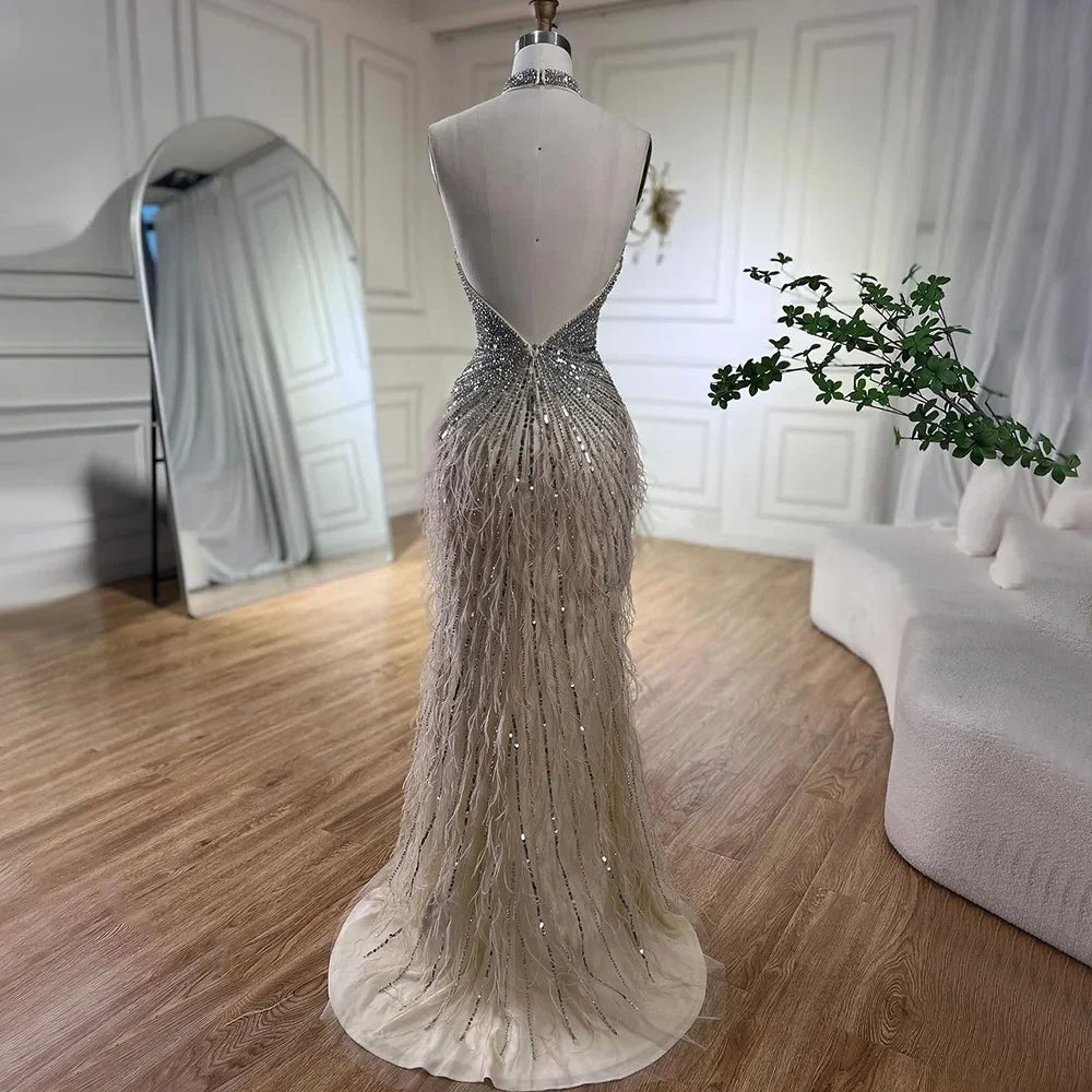 Serene Hill Dubai Halter Beige Feathers Beaded Formal Luxury Mermaid Evening Dresses For Women Wedding Party 2025 LA70623A
