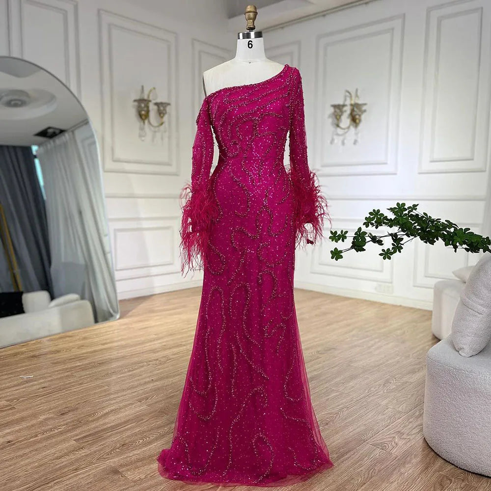 Serene Hill Blue Mermaid Elegant One-Shoulder Beaded Feathers Evening Dress Gown for 's Wedding Party 2025 LA72395 Customized