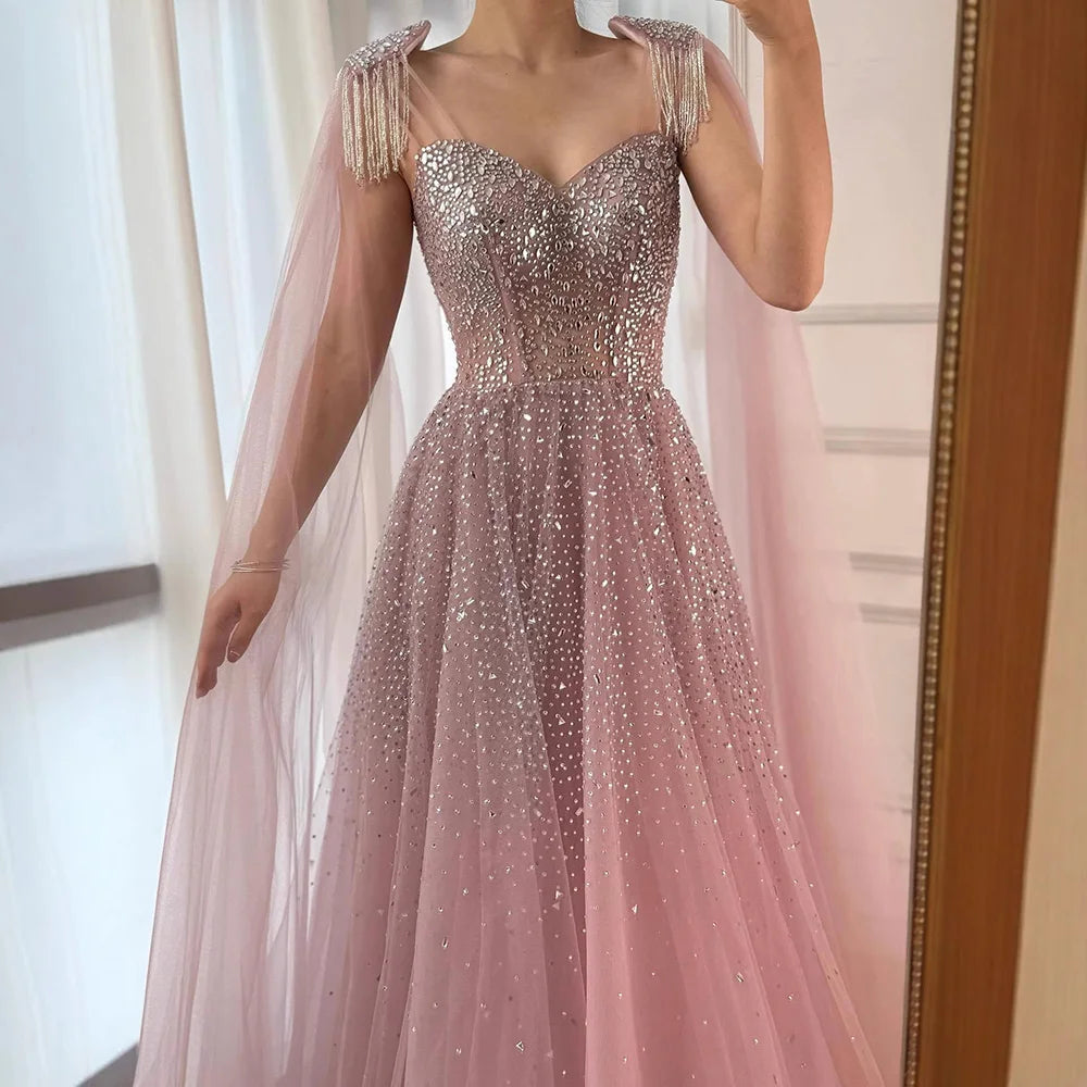 Luxury Pink Tulle Beaded A-Line Evening Dress with Cape Sleeves for Women Prom Serene Hill 2025 Customized Gown LA73072
