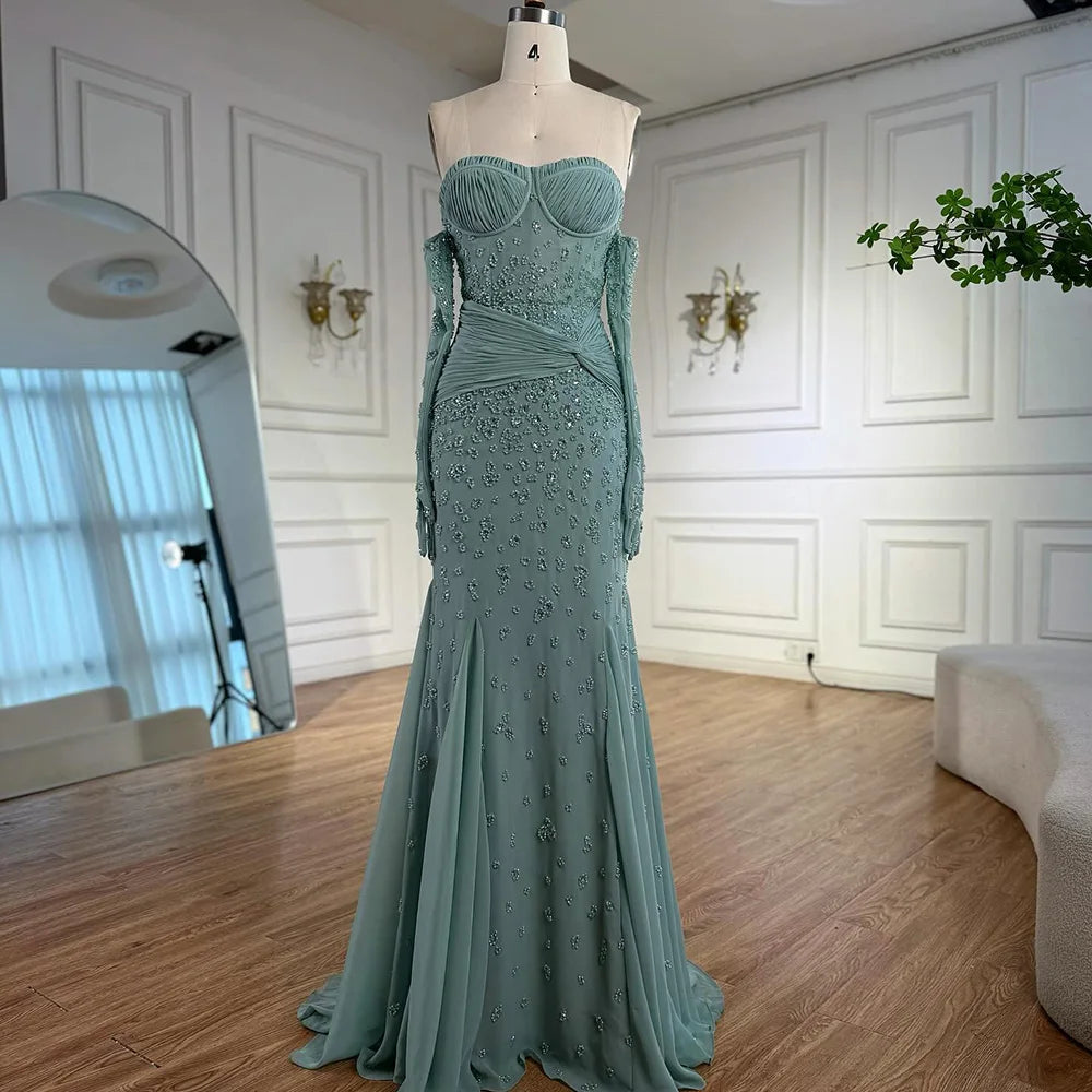 Turquoise Strapless Beaded Mermaid Evening Dress with Gloves Prom Gown Serene Hill 2025 Customized LA72933