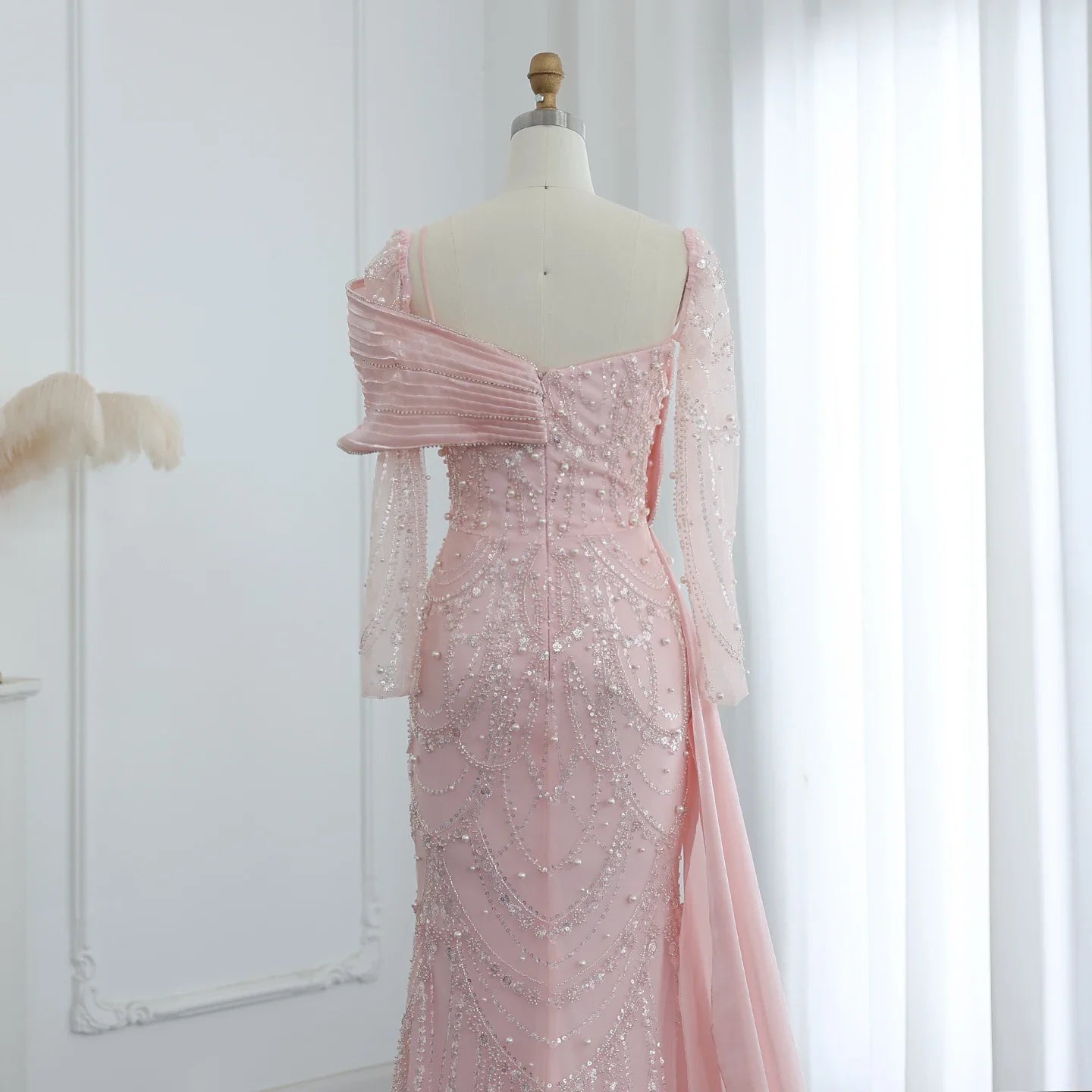 Sharon Said Nude Luxury Crystal Mermaid Evening Dress with Overskirt Long Sleeve Dubai Wedding Formal Prom Gown SS256 Customized