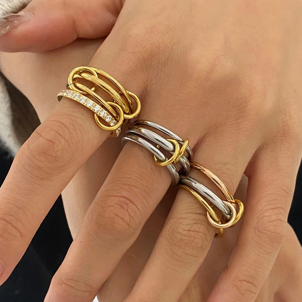 Stainless Steel Multilayer Double Color Link Chain Rings 18K Gold PlatedCZ Zircon Stackable Charm Jewelry Trendy Waterproof Gift
