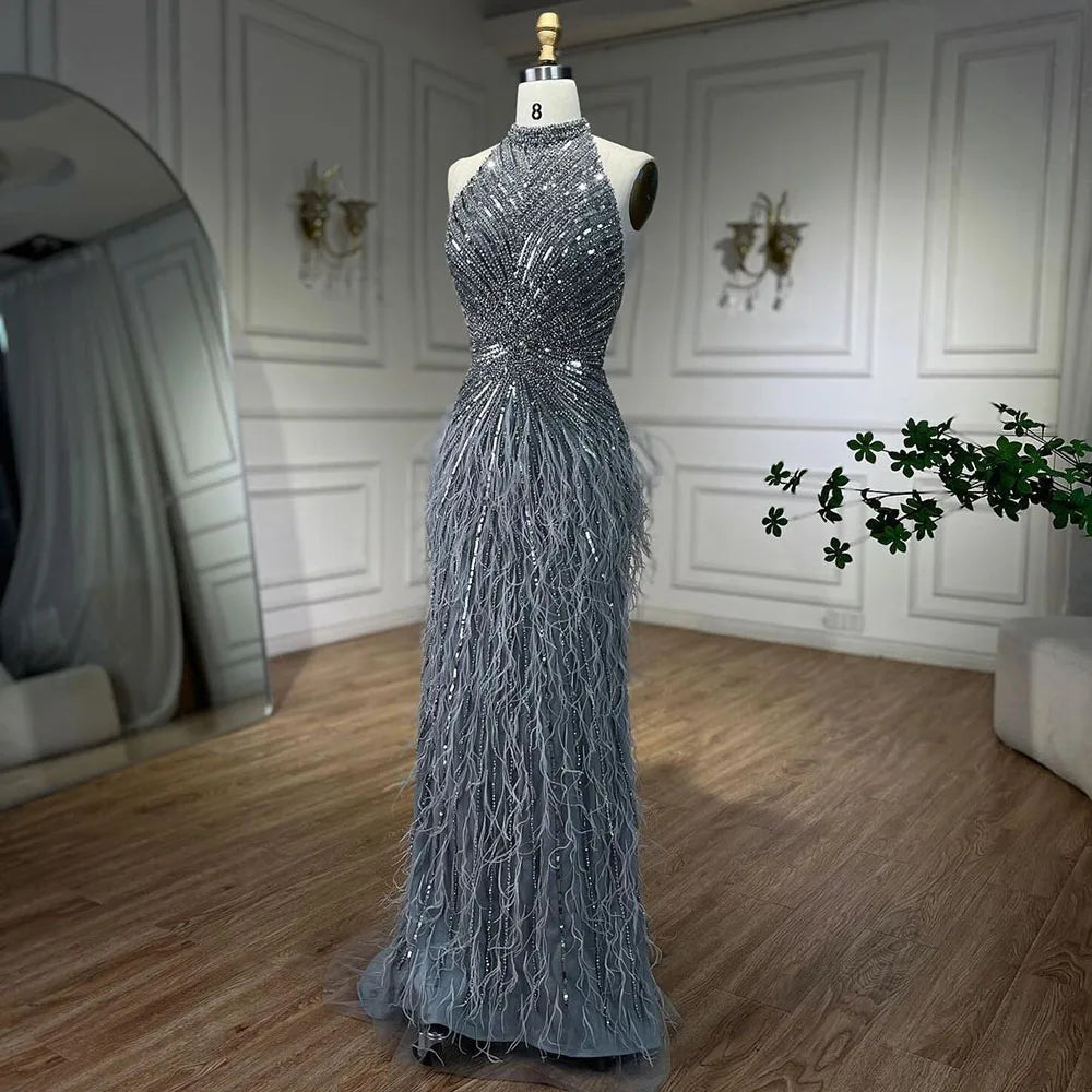 Serene Hill Dubai Halter Beige Feathers Beaded Formal Luxury Mermaid Evening Dresses For Women Wedding Party 2025 LA70623A