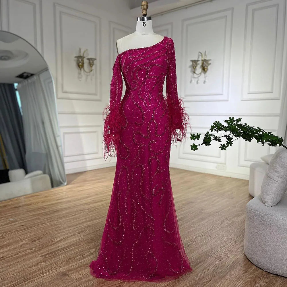 Serene Hill Blue Mermaid Elegant One-Shoulder Beaded Feathers Evening Dress Gown for 's Wedding Party 2025 LA72395 Customized