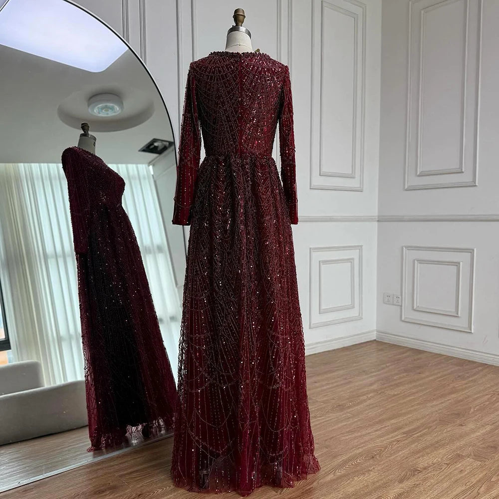 Luxury Olive Green Long Sleeve Beaded A Line Evening Gown for Wedding Party Prom Serene Hill 2025 Customized LA72738B Plus Size