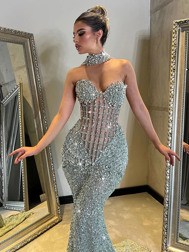 VC Glamorous Silver Sequin Sleeveless Strapless Mermaid Dress for Galas Party Wedding Evening Gown