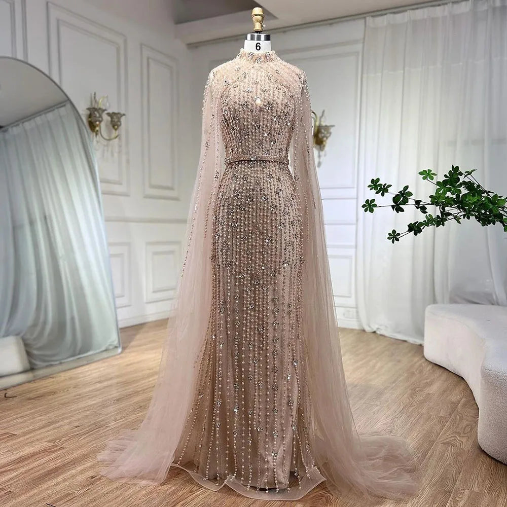 Muslim Nude Mermaid Cape Sleeves Pearls Beaded Luxury Dubai Evening Dresses Gowns 2025 Wedding Party LA72372 Customized