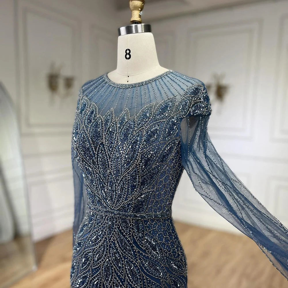 Serene Hill Muslim Blue Mermaid Luxury Beaded Dubai Long Evening Dresses Gowns for Party 2025 LA71999L Customized
