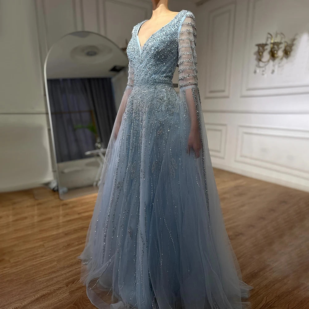 Customized 2025 Arabic Caramel Elegant A-Line Beaded Long Evening Dresses Gowns With Cape Sleeves For Formal Occasio LA72750