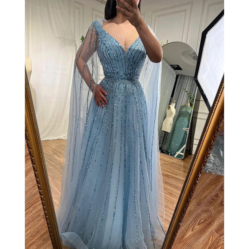 Nude Arabic Luxury Cape Sleeves Evening Dresses Gowns A-Line Beaded 2025 For Party LA71567 Customized