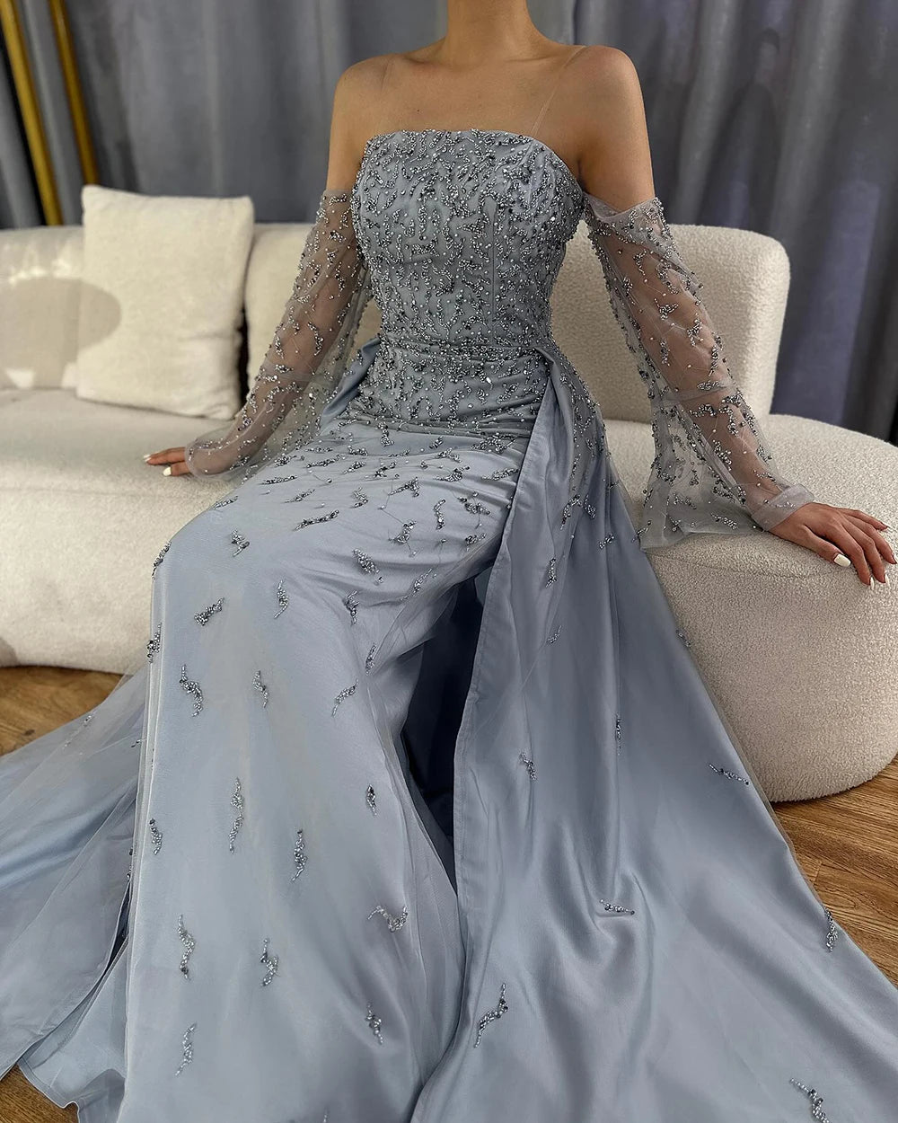 Serene Hill Customized 2025 Arabic Strapless Gray Blue Beaded Pearls Dubai Evening Dresses For Formal Occasion LA72705