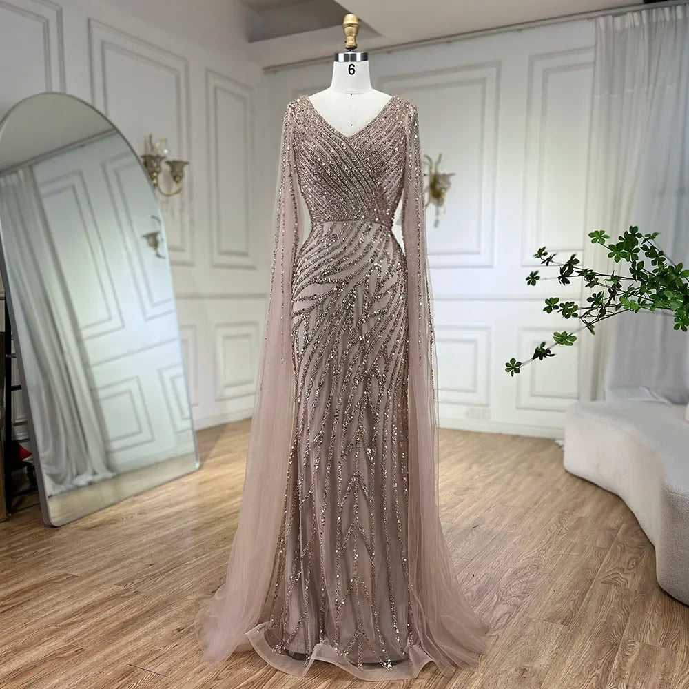 Serene Hill Arabic Mermaid Blue Beaded Cape Evening Dress Gown 2025 LA71493A Customized