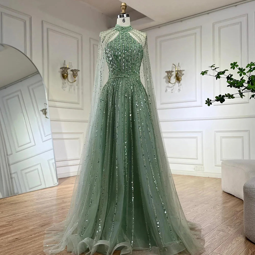Serene Hill Arabic Turquoise A Line Cape Sleeve Beaded Evening Dresses Gowns For Occasion 2025 LA72306A Customized