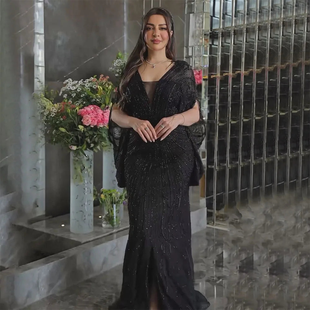 Serene Hill Arabic Gold Elegant Mermaid Black Beaded Evening Dresses Gowns Diamond For Party 2025 LA72288A Customized