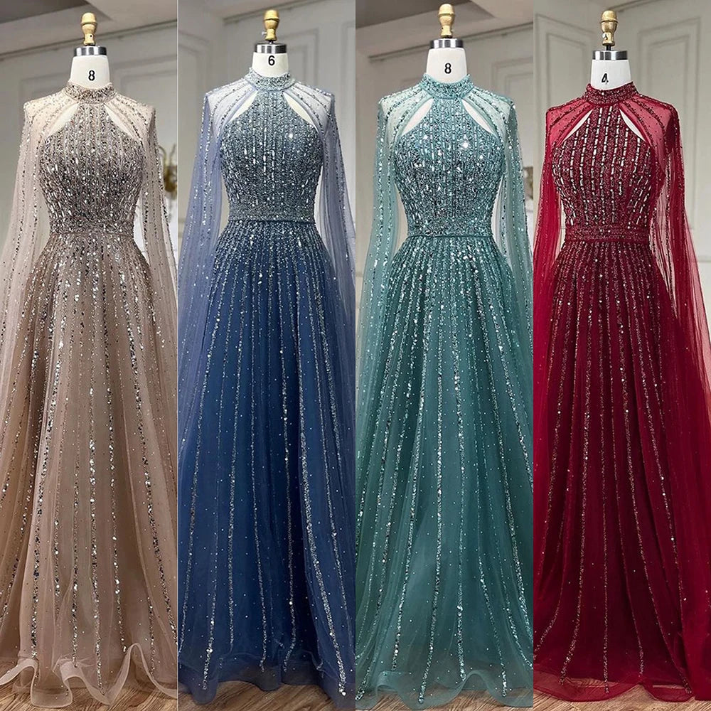 Serene Hill Arabic Turquoise A Line Cape Sleeve Beaded Evening Dresses Gowns For Occasion 2025 LA72306A Customized