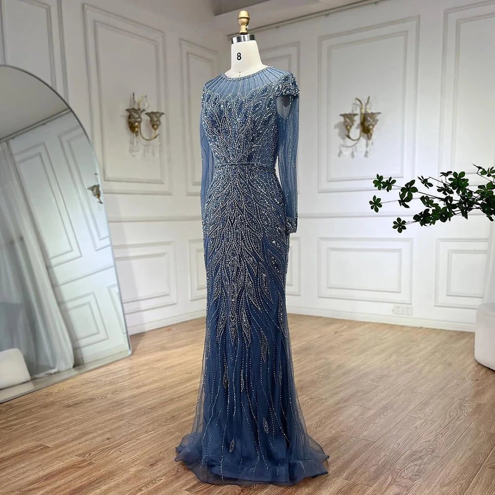 Serene Hill Muslim Blue Mermaid Luxury Beaded Dubai Long Evening Dresses Gowns for Party 2025 LA71999L Customized