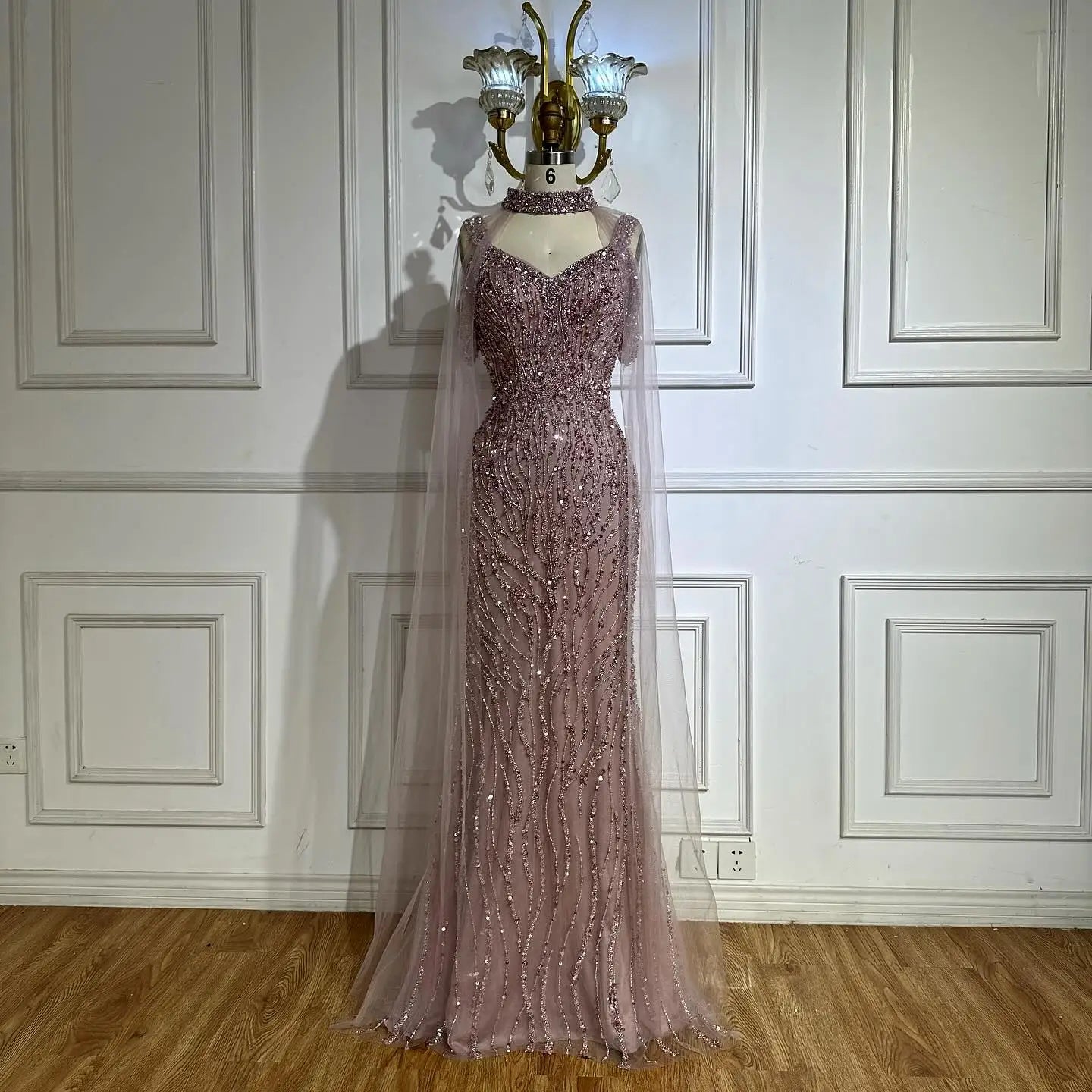 Luxury Caramel Mermaid Evening Gown Beaded Dress with Cape Sleeves Elegant Formal Party Customized LA72921