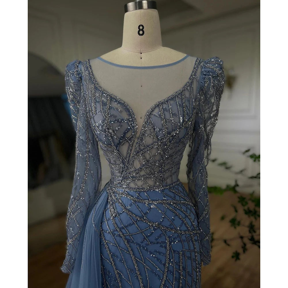 Serene Hill Muslim Gold Mermaid Beaded Dubai Evening Dresses Gowns With Overskirt 2025 For Party LA72206 Customized