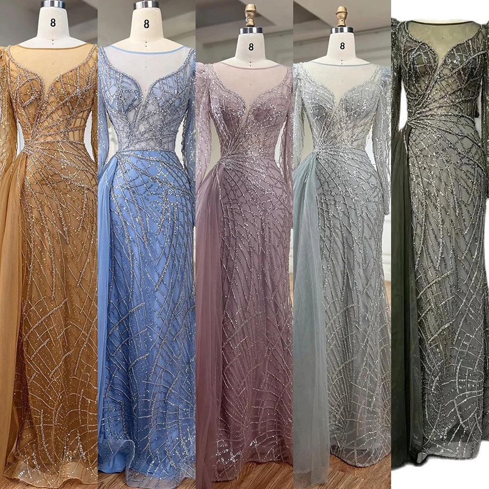 Serene Hill Muslim Gold Mermaid Beaded Dubai Evening Dresses Gowns With Overskirt 2025 For Party LA72206 Customized