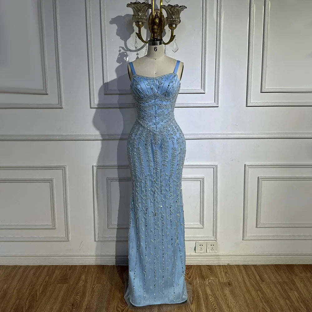 Luxury Arabic Blue Beaded Spaghetti Strap Pink Mermaid Evening Dress for Women Party Serene Hill 2025 Customized LA72725
