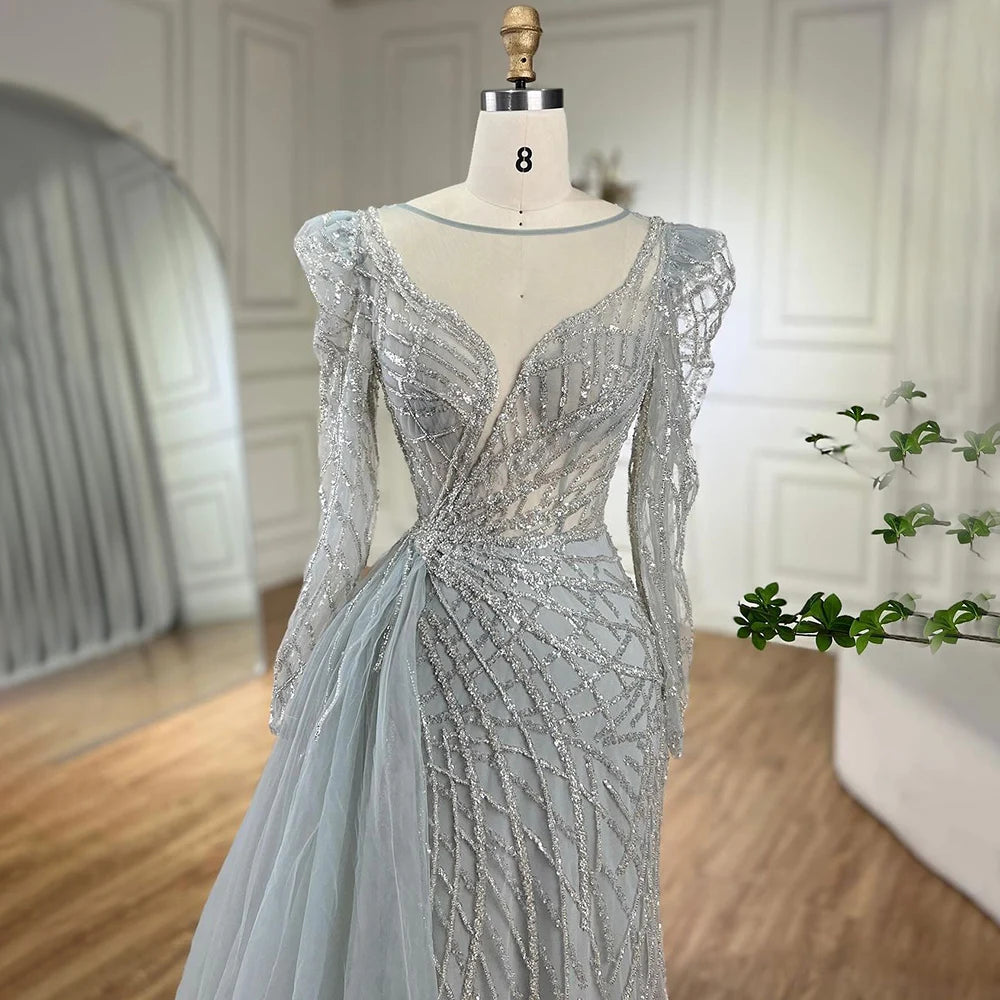 Serene Hill Muslim Gold Mermaid Beaded Dubai Evening Dresses Gowns With Overskirt 2025 For Party LA72206 Customized