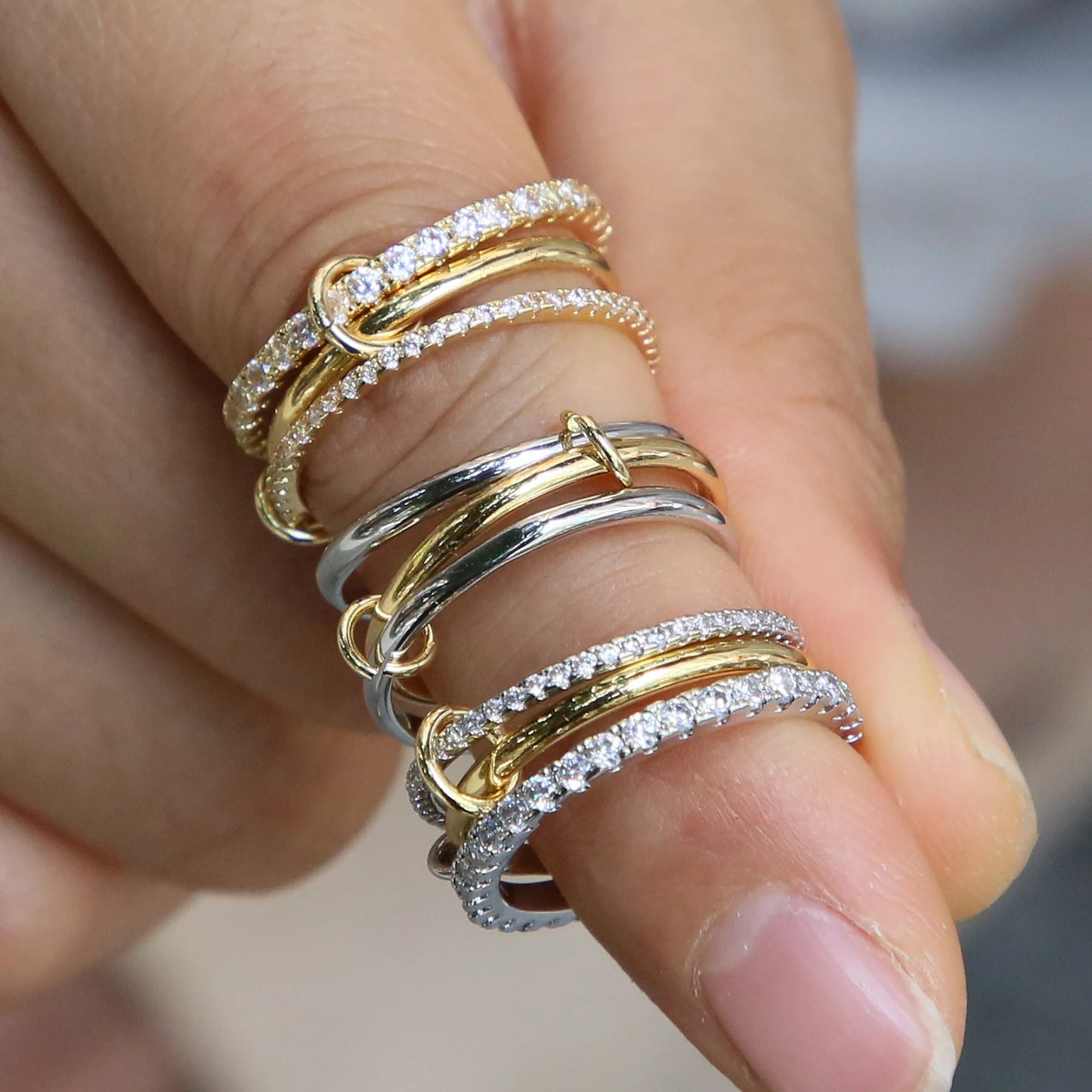 Stainless Steel Multilayer Double Color Link Chain Rings 18K Gold PlatedCZ Zircon Stackable Charm Jewelry Trendy Waterproof Gift