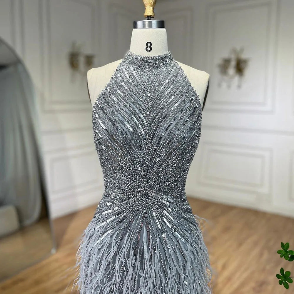 Serene Hill Dubai Halter Beige Feathers Beaded Formal Luxury Mermaid Evening Dresses For Women Wedding Party 2025 LA70623A