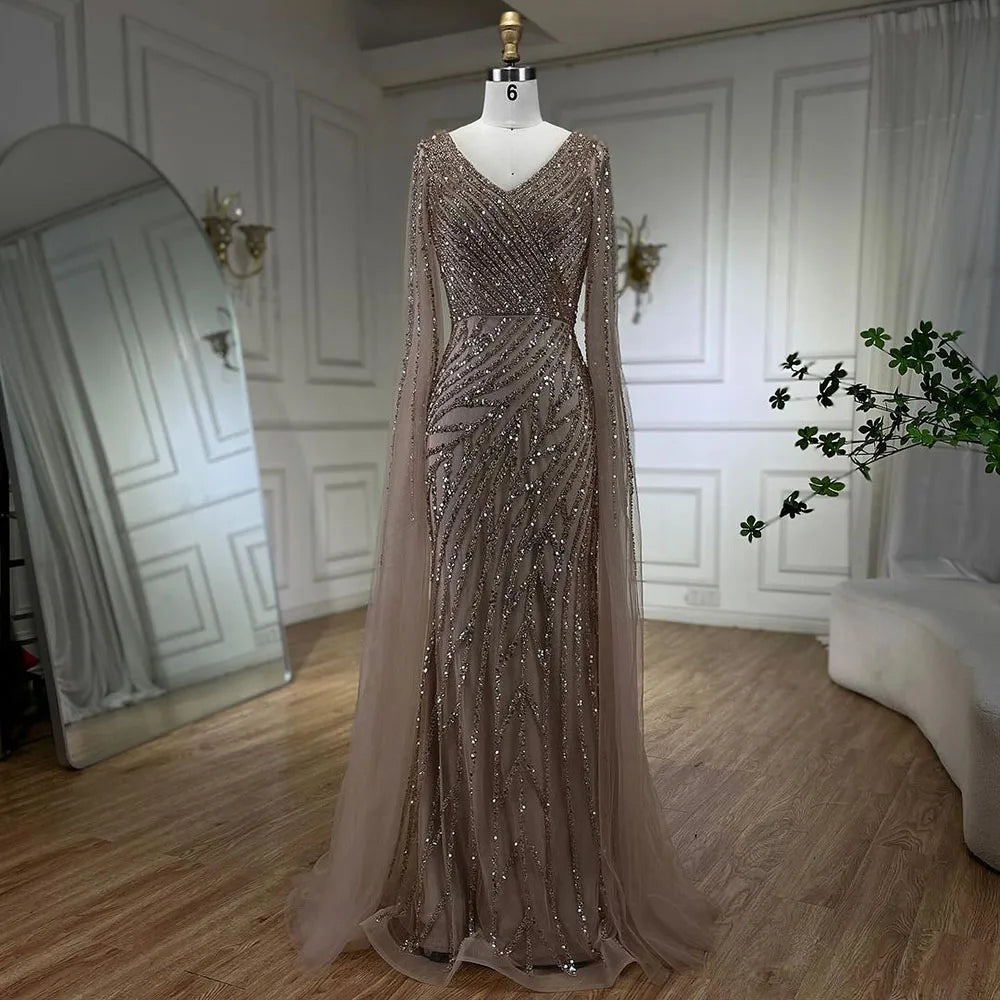 Serene Hill Arabic Mermaid Blue Beaded Cape Evening Dress Gown 2025 LA71493A Customized