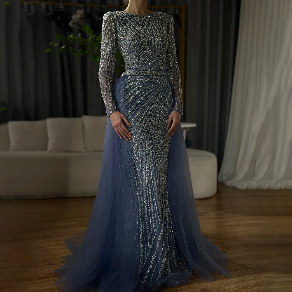 Serene Hill Mermaid Beaded Blue Muslim Evening Dresses Gowns with Detachable Skirt 2025 LA71750 Customized