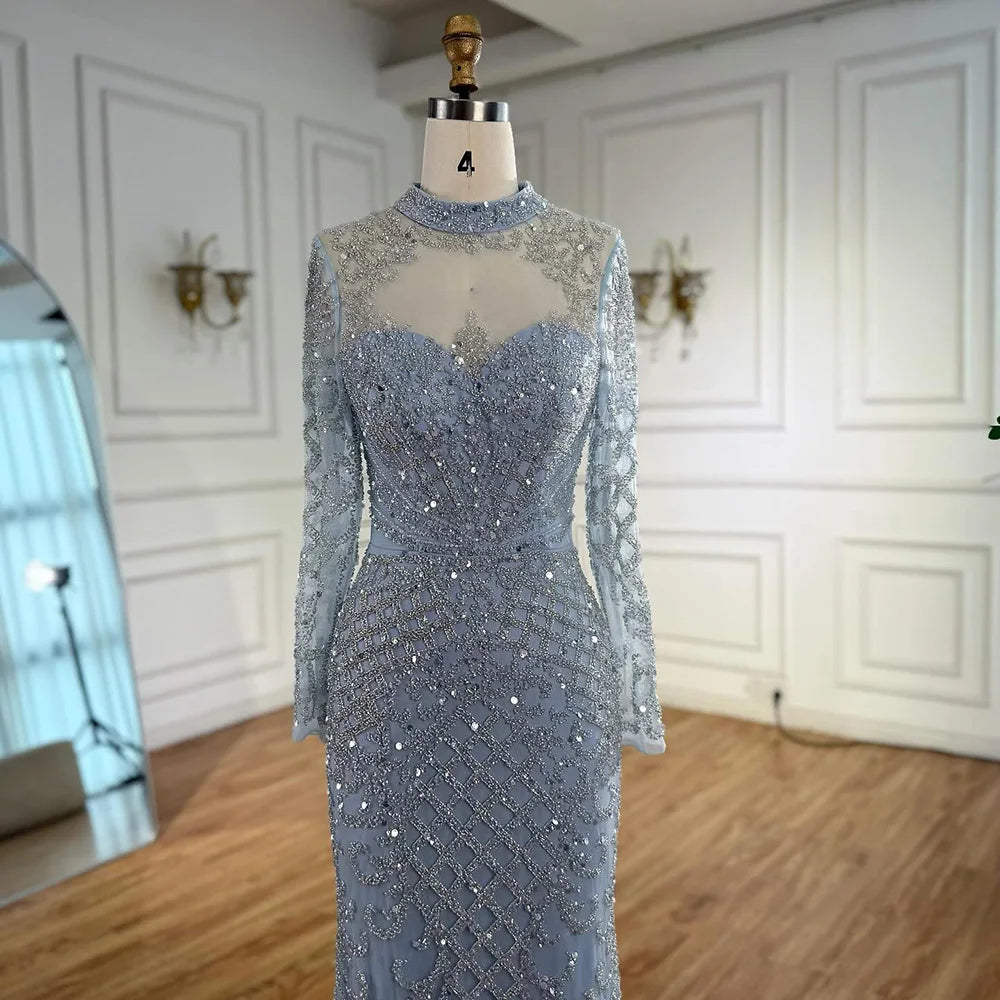 Luxury Caramel Beaded Evening Dress with High Neck Long Sleeves Mermaid Gown Serene Hill 2025 Customized LA71747A