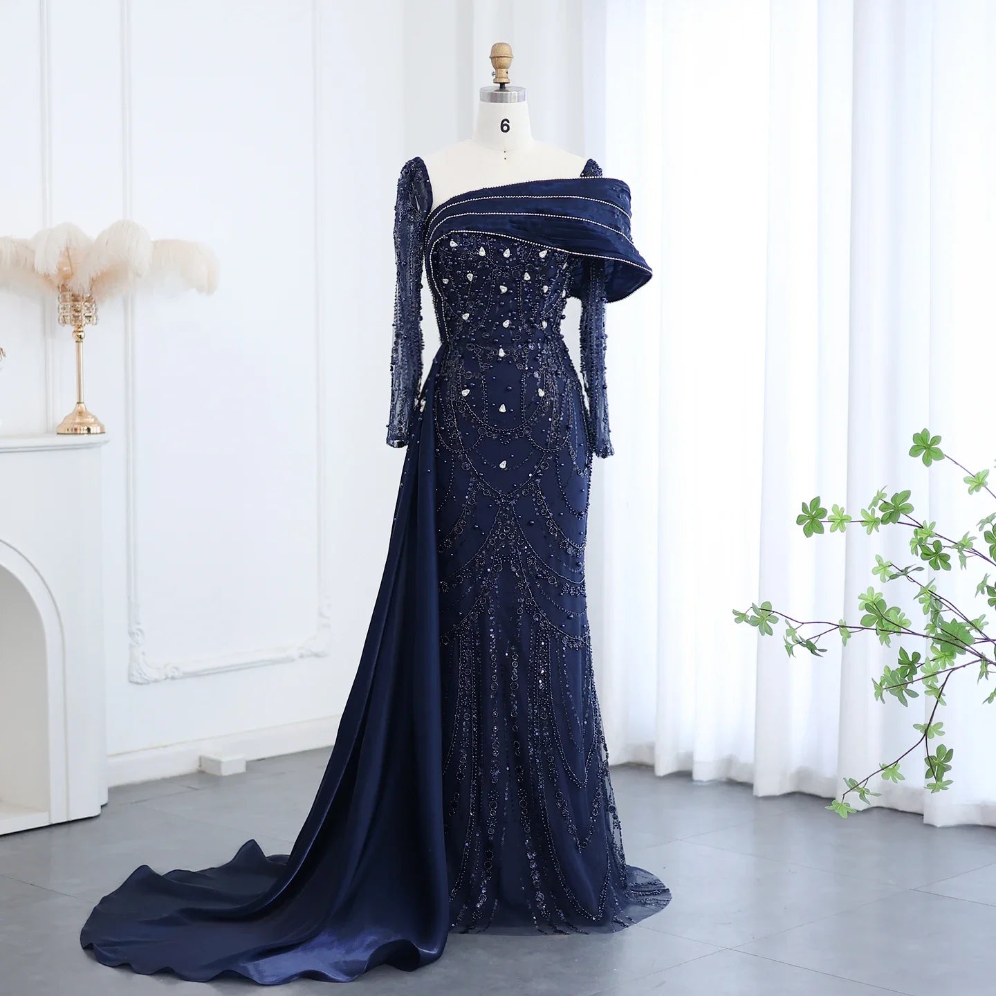 Sharon Said Nude Luxury Crystal Mermaid Evening Dress with Overskirt Long Sleeve Dubai Wedding Formal Prom Gown SS256 Customized