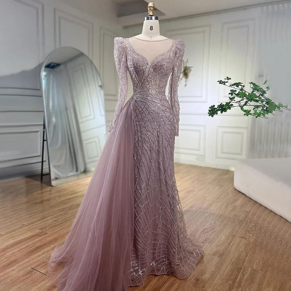 Serene Hill Muslim Gold Mermaid Beaded Dubai Evening Dresses Gowns With Overskirt 2025 For Party LA72206 Customized