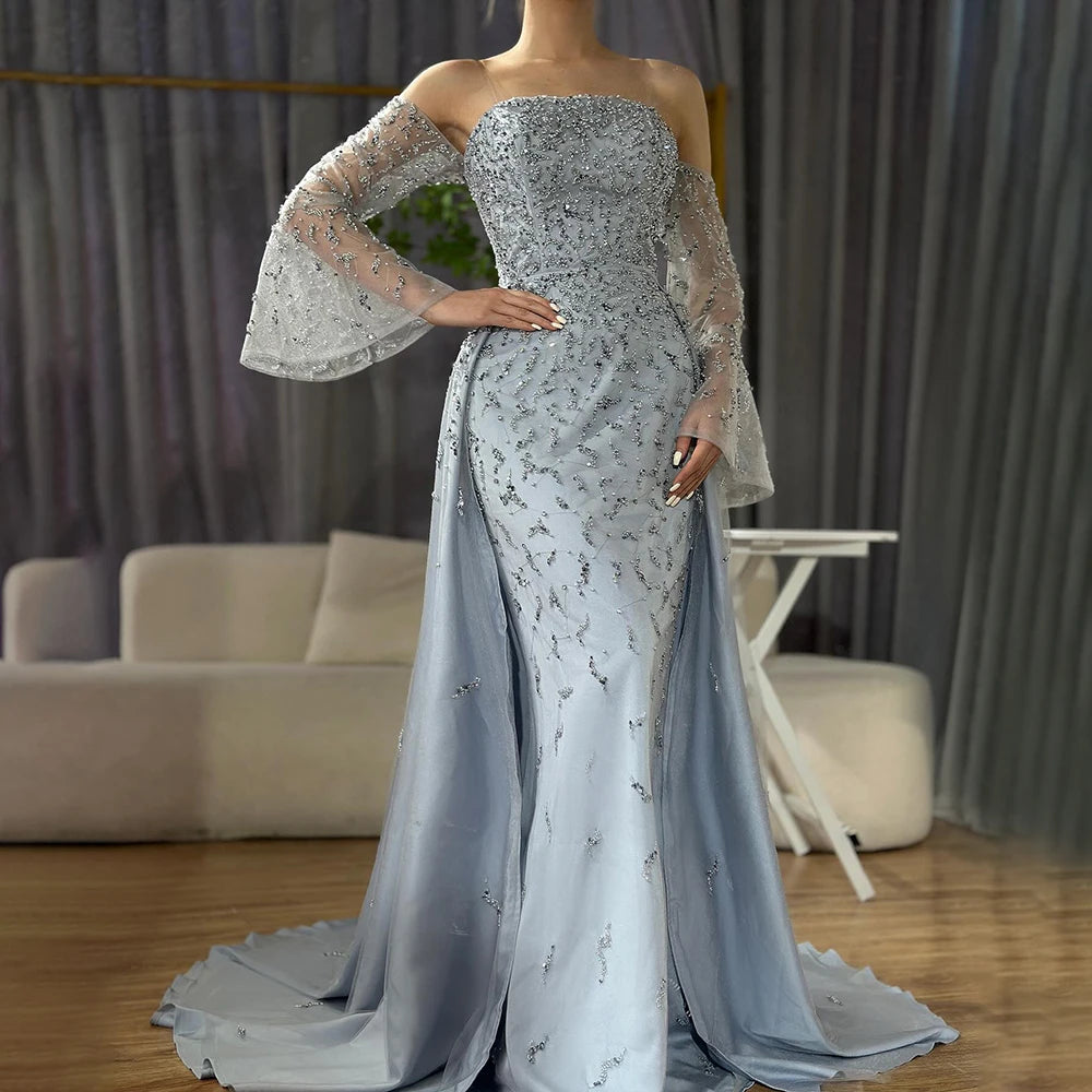 Serene Hill Customized 2025 Arabic Strapless Gray Blue Beaded Pearls Dubai Evening Dresses For Formal Occasion LA72705