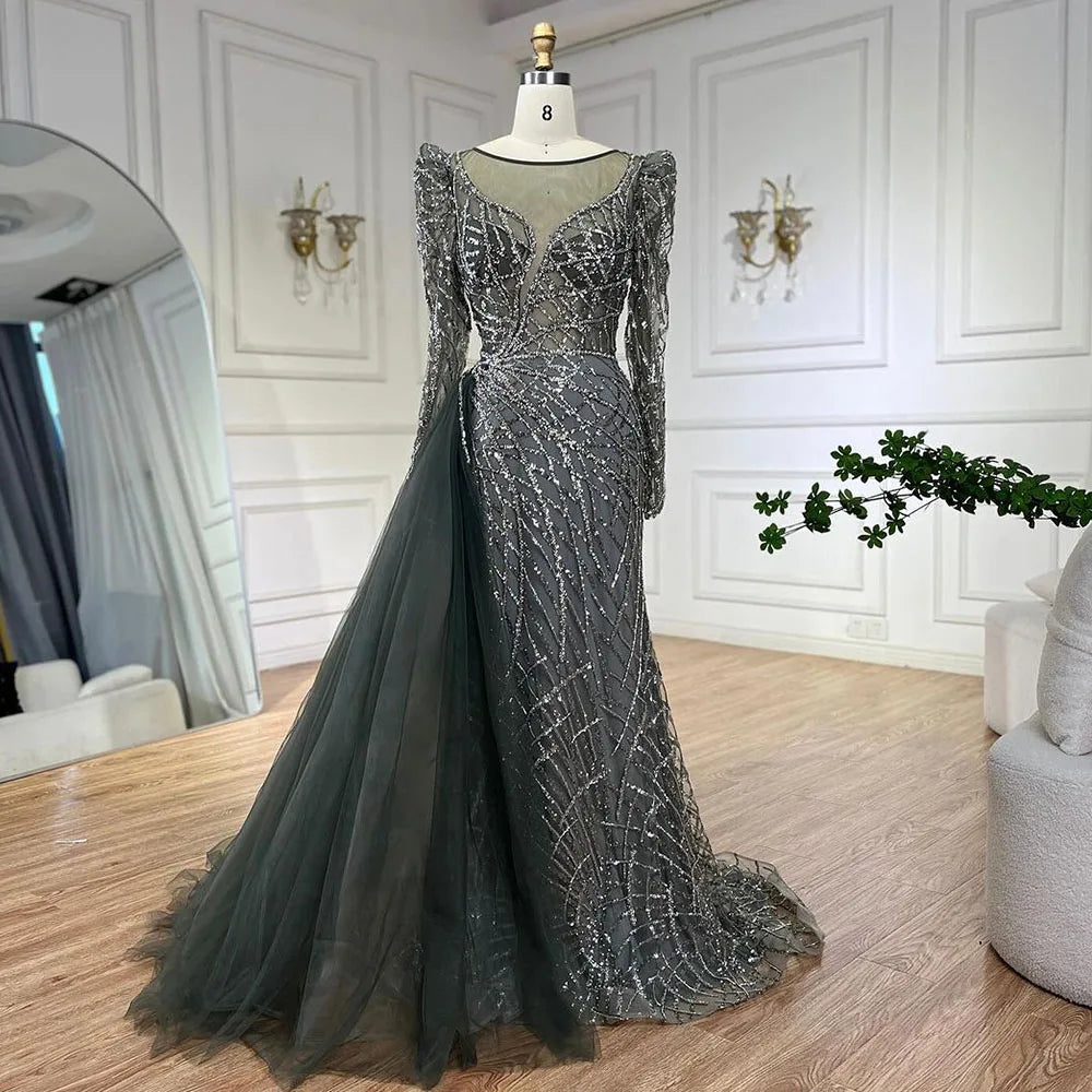 Serene Hill Muslim Gold Mermaid Beaded Dubai Evening Dresses Gowns With Overskirt 2025 For Party LA72206 Customized