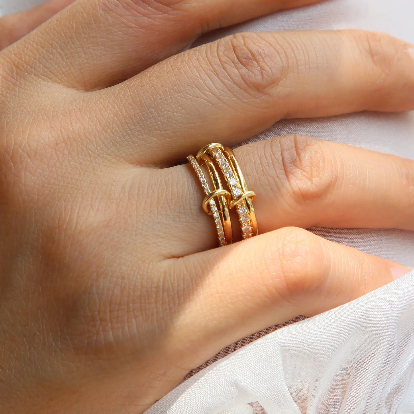 Stainless Steel Multilayer Double Color Link Chain Rings 18K Gold PlatedCZ Zircon Stackable Charm Jewelry Trendy Waterproof Gift
