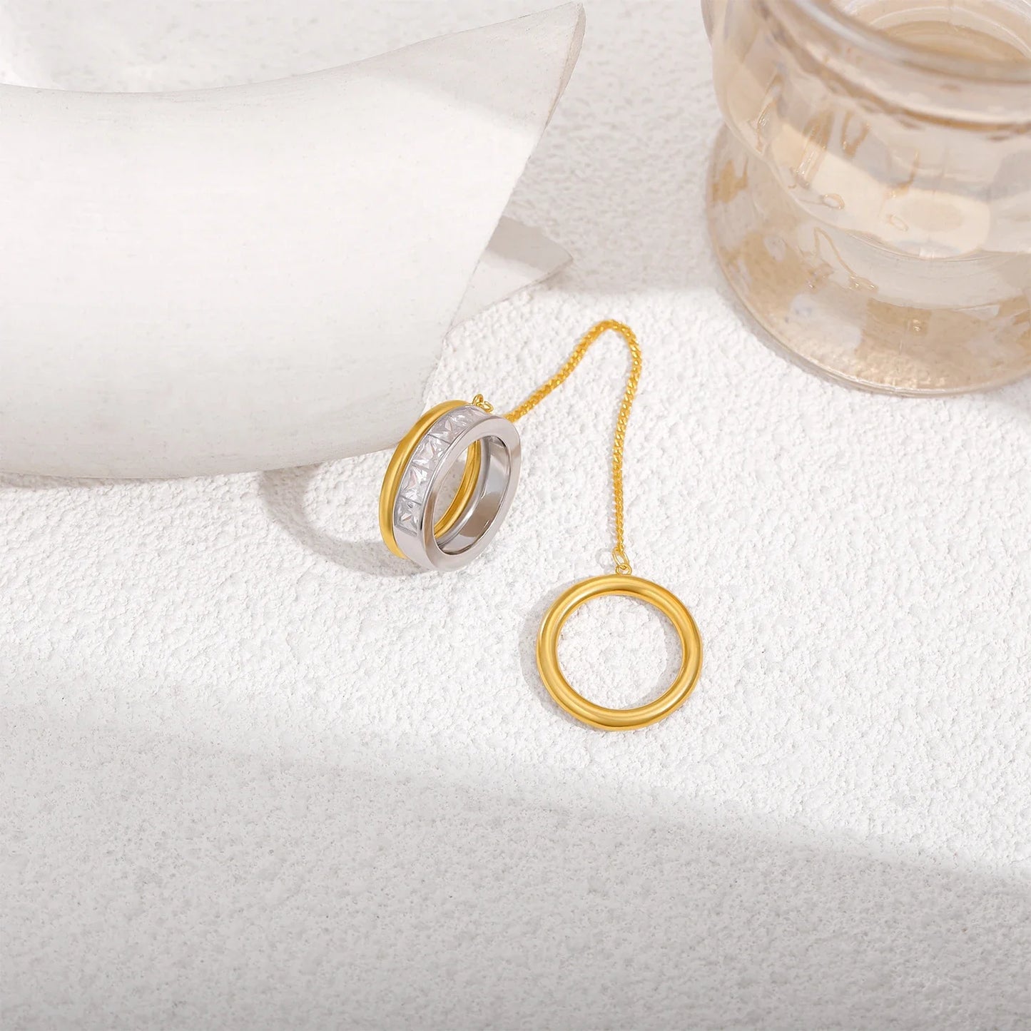 Fashion CZ Zircon Stainless Steel Double Layer Chain Ring for Women Gold Plated Tassel Link Ring Hip Hop Jewelry Waterproof